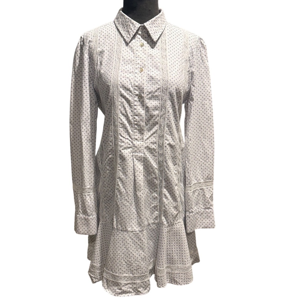 Tuckernuck White Blue‎ Floral Lace Trim Cotton Mini Shirt Dress Womens Medium M